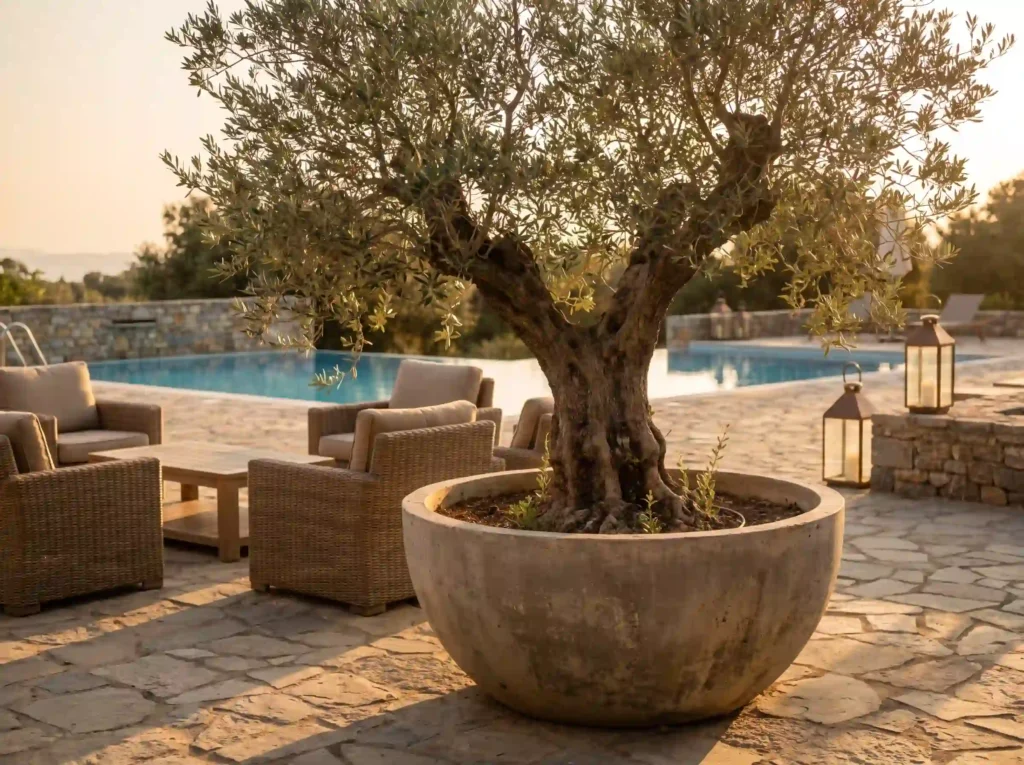 Olive Tree Ideas & Styles: How to Choose the Right One for Your Home 8 A large potted tree anchoring a sunlit outdoor patio seating area