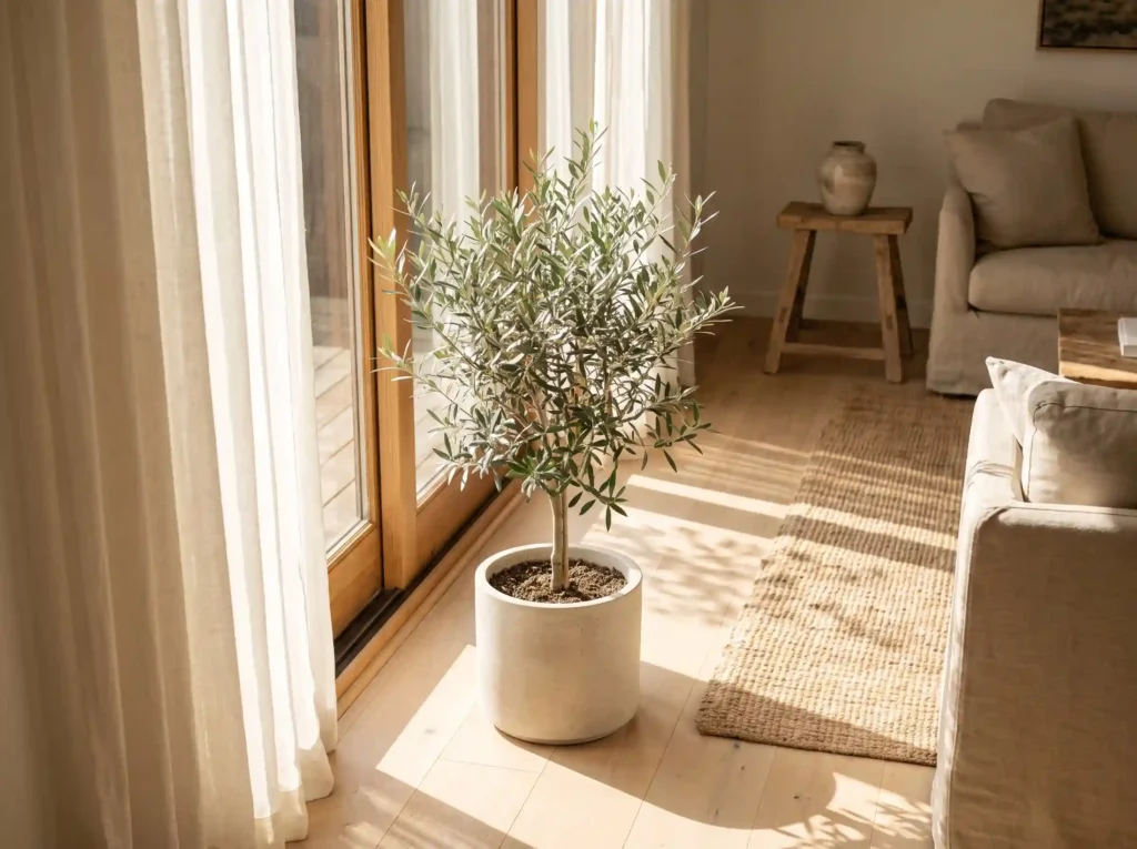 Olive Tree Ideas & Styles: How to Choose the Right One for Your Home 4 A small potted tree placed beside a bright window for daily sunlight