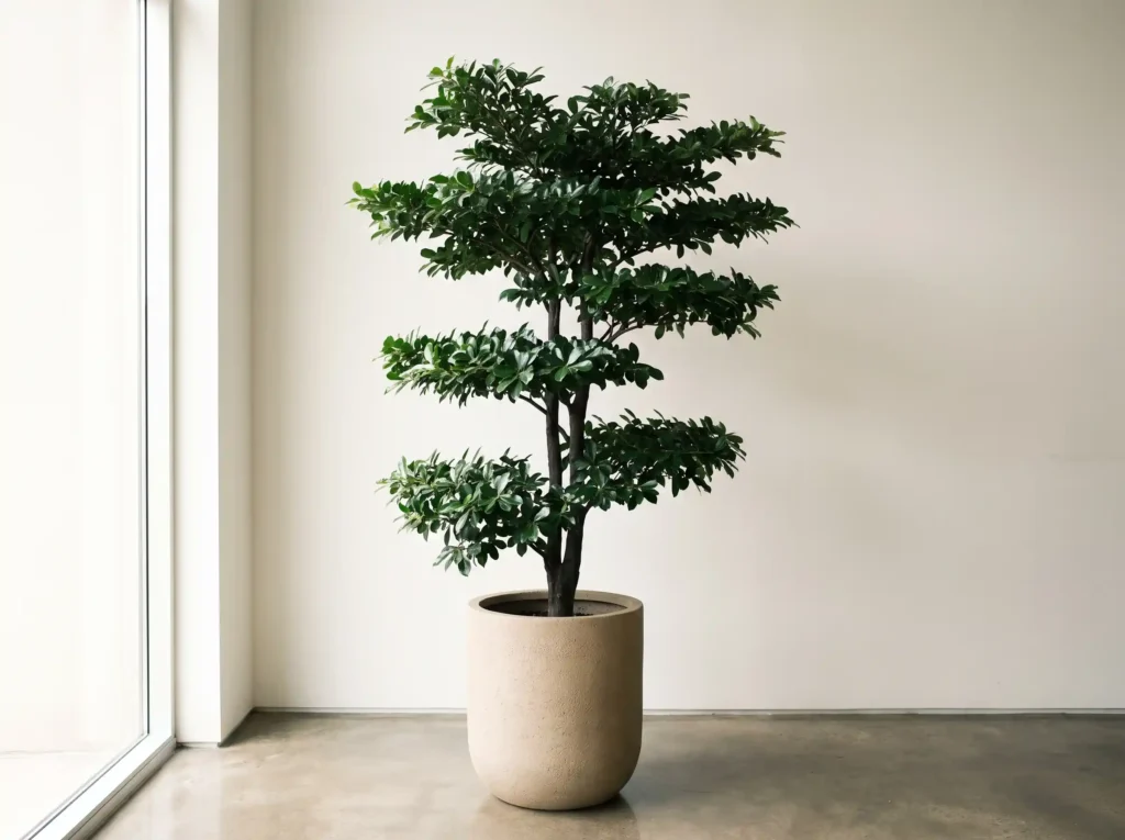 Olive Tree Ideas & Styles: How to Choose the Right One for Your Home 6 Black olive tree with tiered dark green foliage in a bright interior