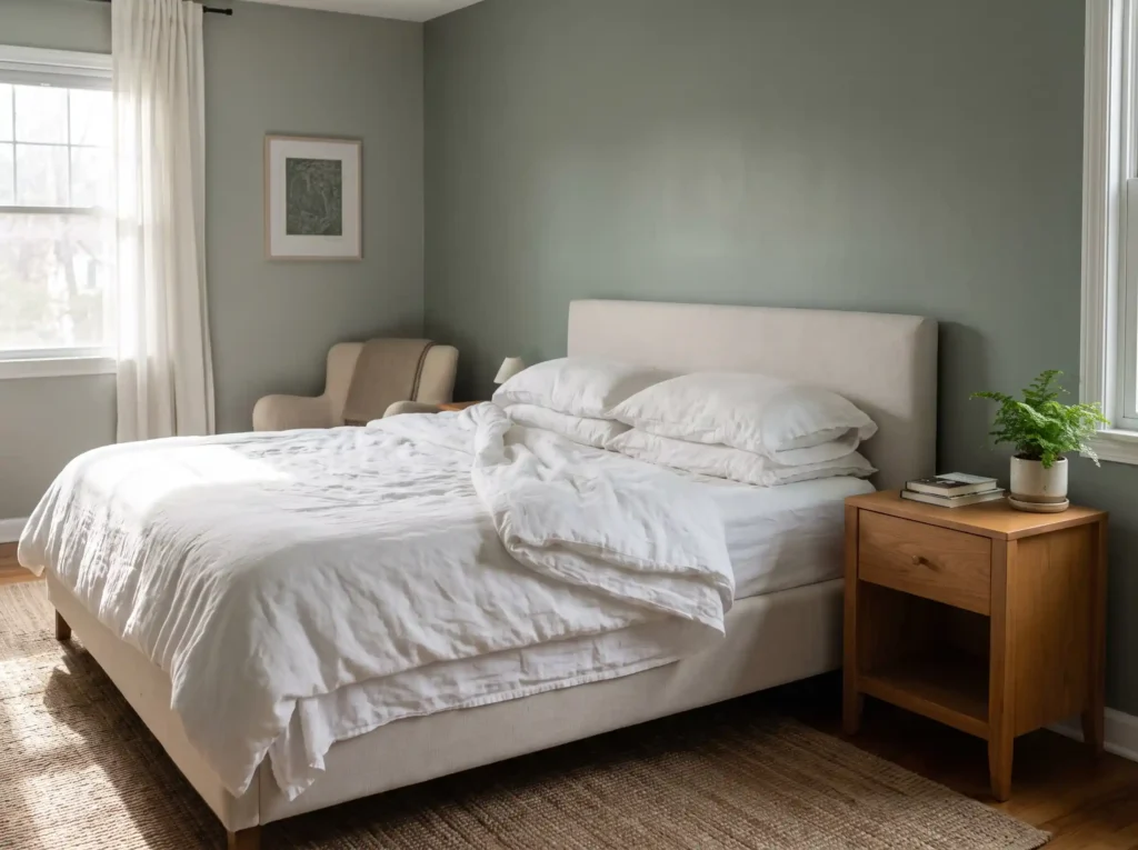 Sea Salt Sherwin Williams: Ideas & Styles for Every Room in Your Home 6 Calm primary bedroom painted in a soft coastal green-gray tone