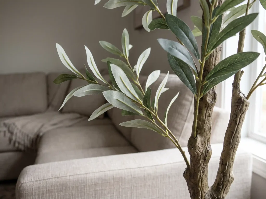 Olive Tree Ideas & Styles: How to Choose the Right One for Your Home 7 Fake olive tree with realistic matte leaves in a softly lit living room