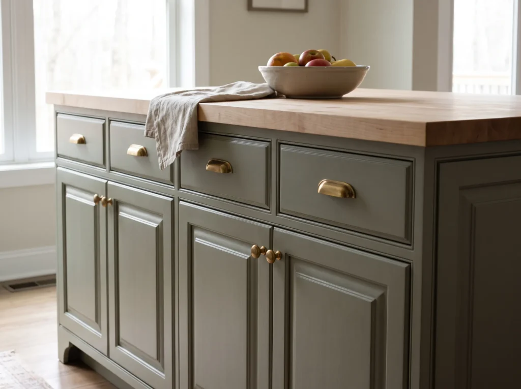 Sea Salt Sherwin Williams: Ideas & Styles for Every Room in Your Home 7 Kitchen island cabinets in a muted green-gray paint finish
