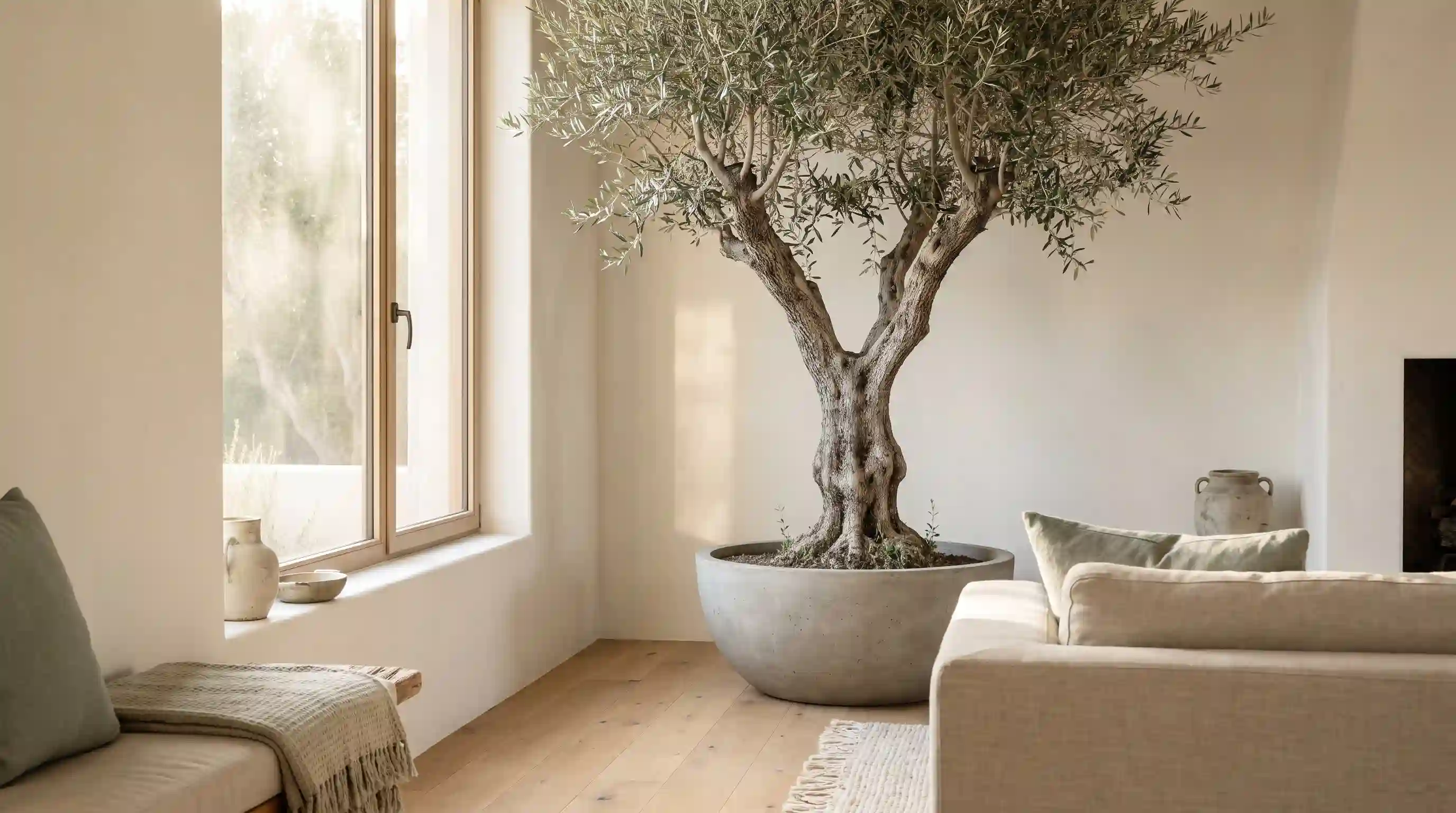 Olive Tree Ideas & Styles: How to Choose the Right One for Your Home 3 Olive tree styled as a statement plant in a bright modern living room