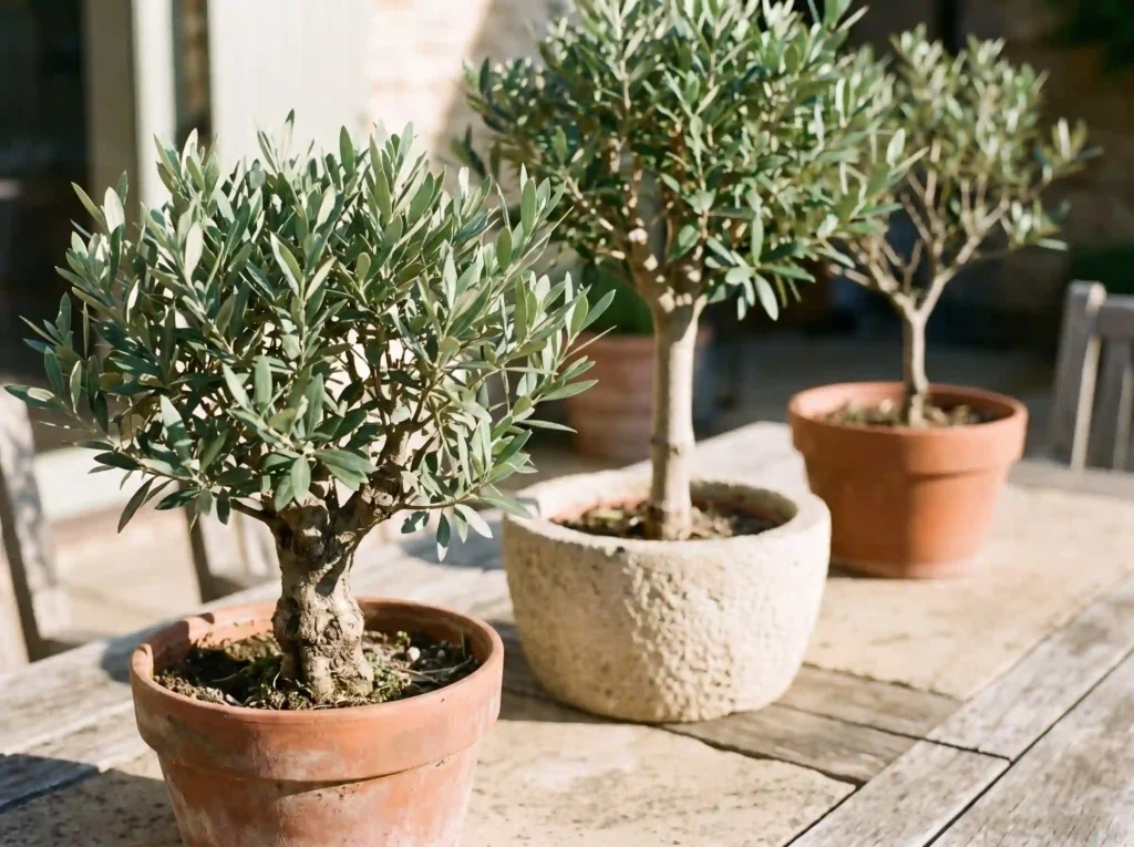 Olive Tree Ideas & Styles: How to Choose the Right One for Your Home 5 Several compact potted trees of varying sizes on a sunny patio table