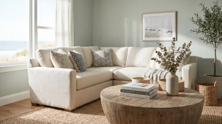 Sea Salt Sherwin Williams paint color in a coastal living room