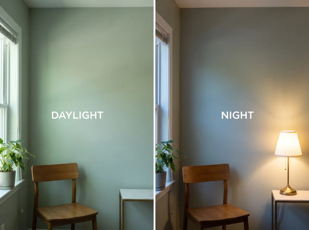Sea Salt Sherwin Williams: Ideas & Styles for Every Room in Your Home 5 Sherwin-Williams Sea Salt wall shown in daylight versus lamp light