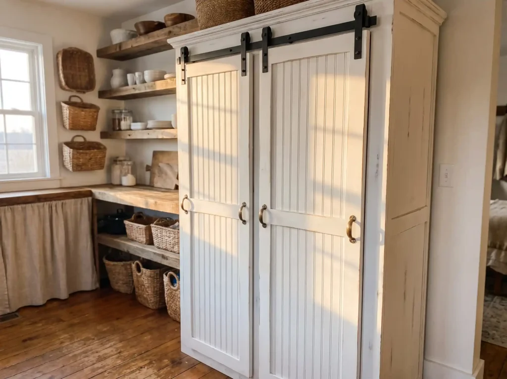 farmhouse pantry cabinet with beadboard doors and barn-door hardware
