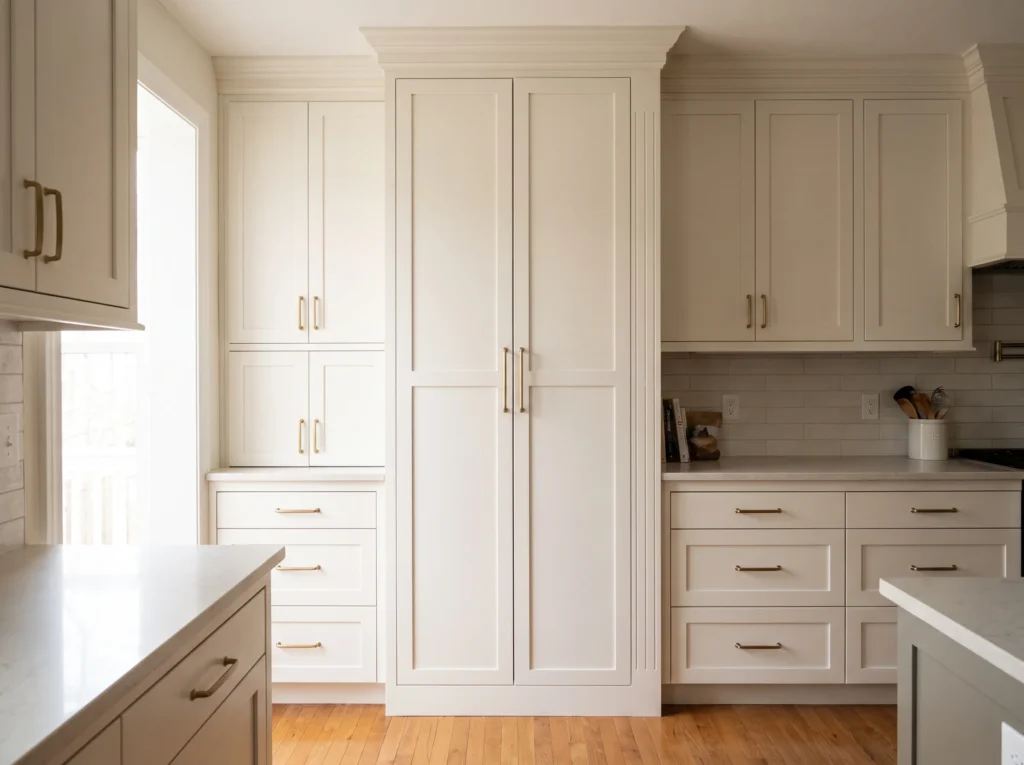 kitchen pantry cabinet built into a matching cabinet run