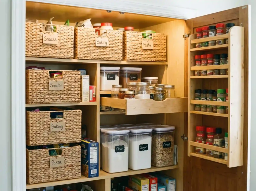 organized pantry storage cabinet with labeled bins and a pull-out shelf