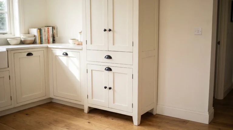 pantry cabinet with slim shaker doors in a warm white kitchen