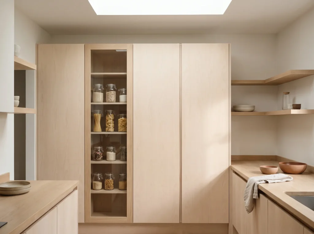 slab-front pantry cabinet with a glass display section