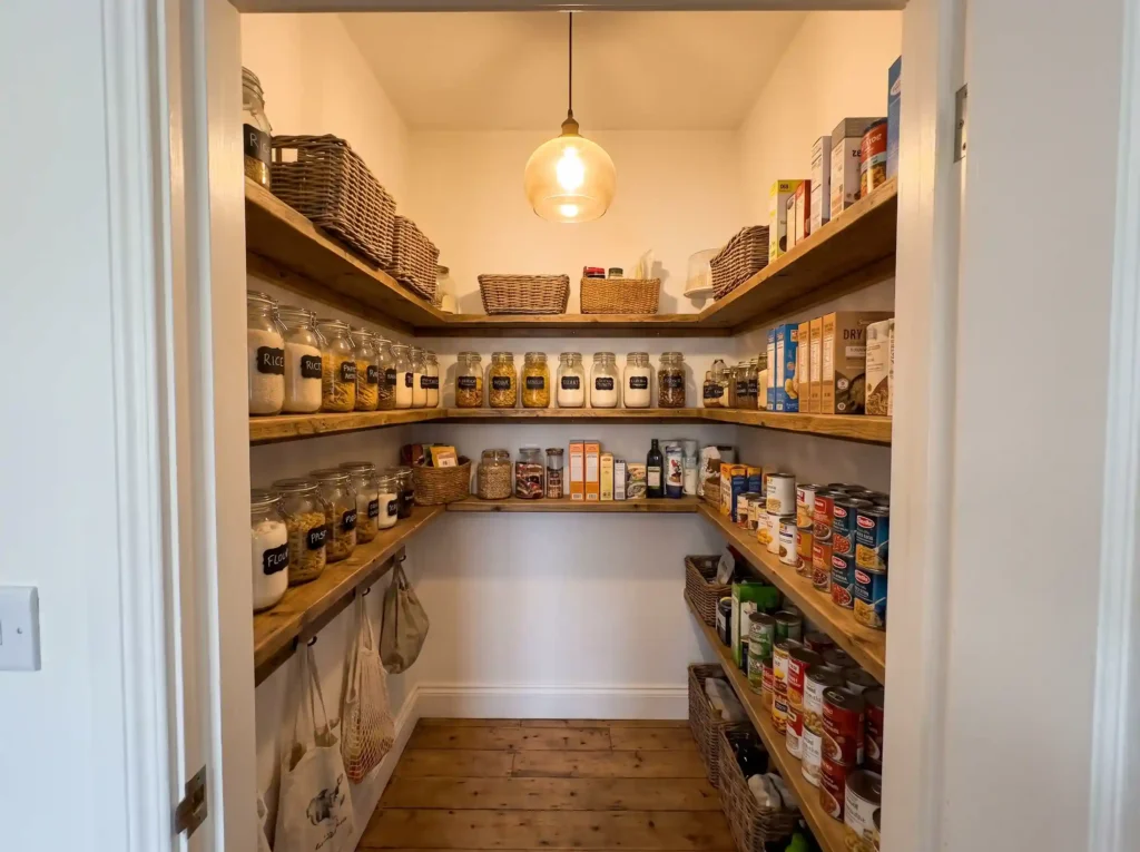 small walk-in pantry room with open wood shelving