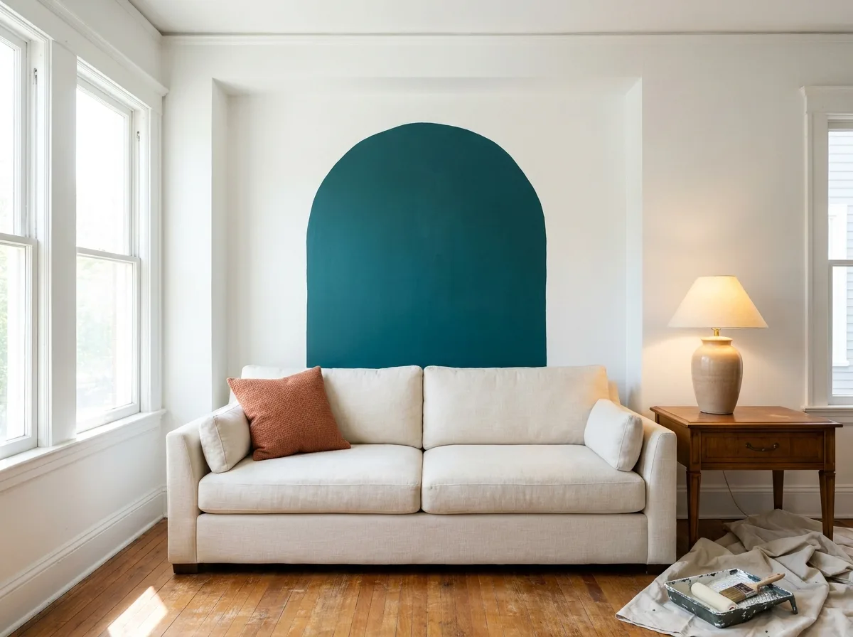 A deep teal painted arch accent wall behind a cream sofa in a living room