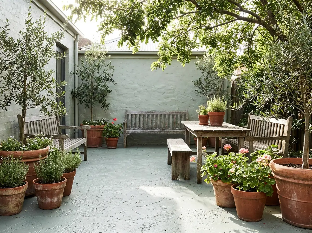 Backyard concrete patio painted soft gray-green with terracotta pots and plants