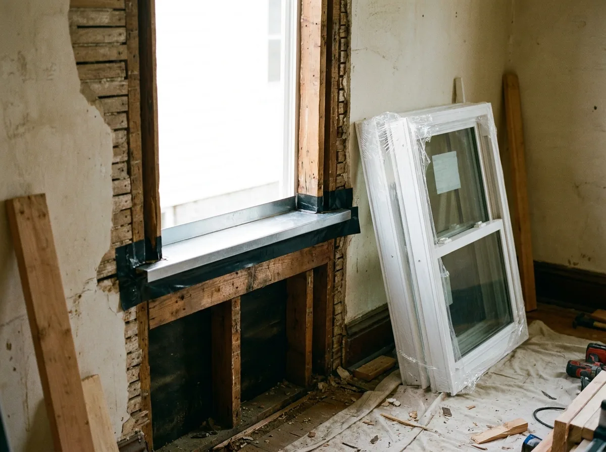 Bare window opening with flashing and sill pan beside a new replacement window unit