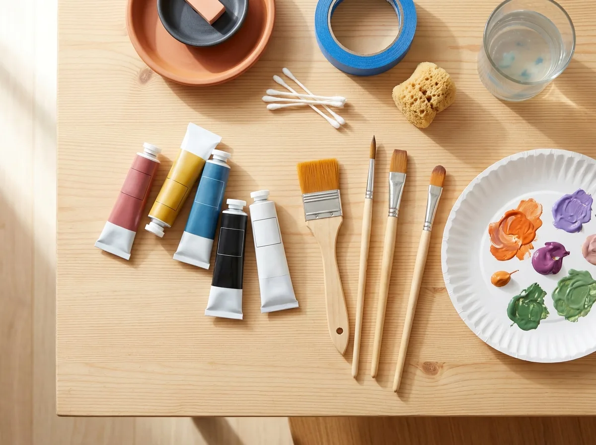 Basic acrylic tubes, three brushes and a paper plate palette laid out on a table