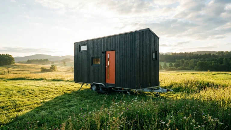 Black tiny house on wheels with an orange door in a green meadow