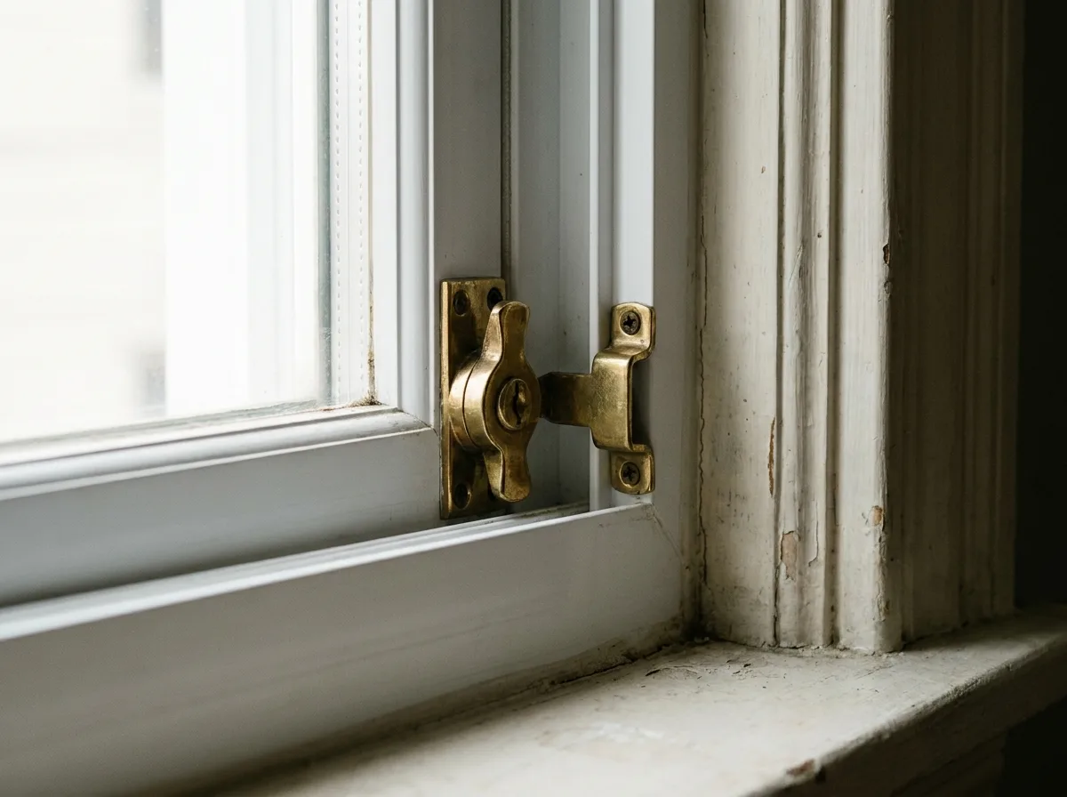 Brass sash lock on a double hung window at the meeting rail