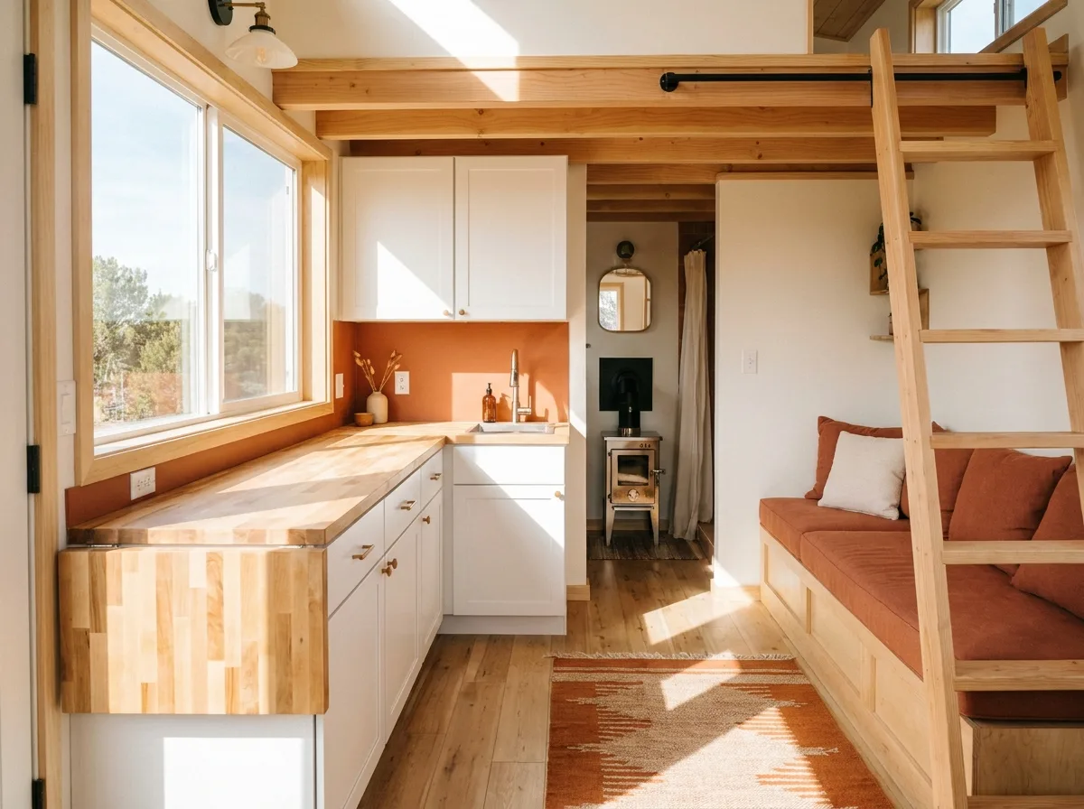 Bright kitchen and living area inside one of the tiny houses for sale