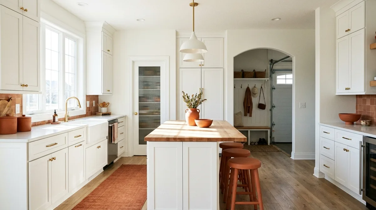 Bright kitchen with white cabinets, a wood-top island and a mudroom nook by the garage entry