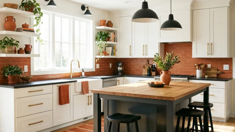 Bright kitchen with white shaker cabinet doors and brass pulls beside a butcher block island