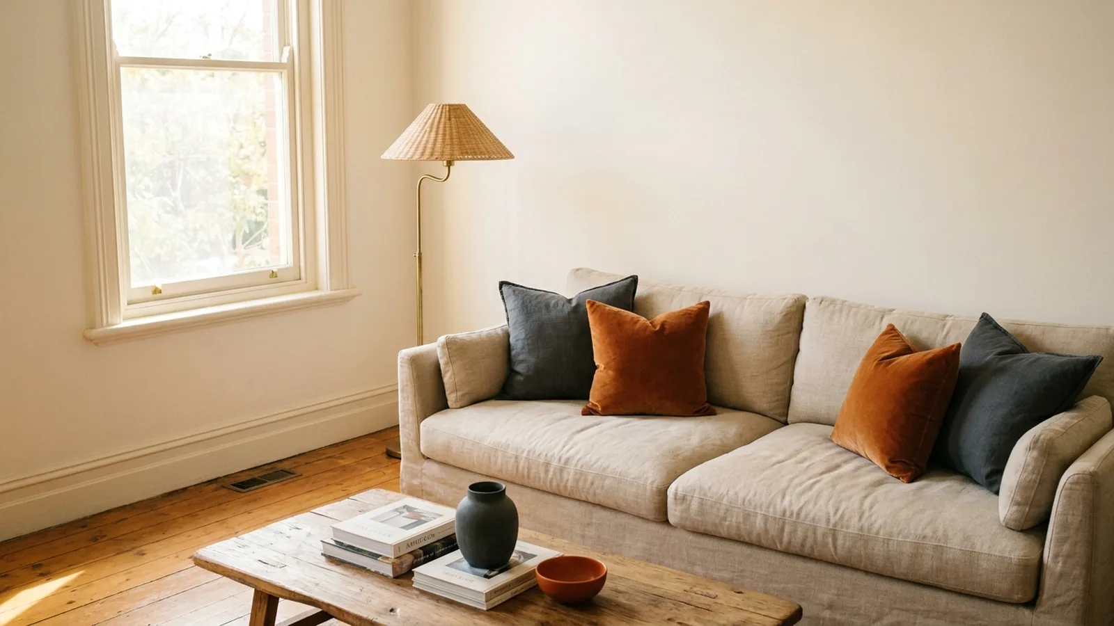 Bright living room with soft warm white walls, warm oak floors and soft daylight