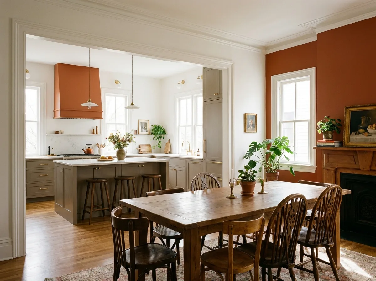 Bright Victorian kitchen opening to the dining room through a wide cased doorway