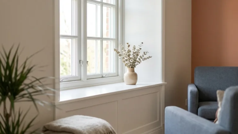 Bright window sill with a painted white wood stool and apron in a sunlit room