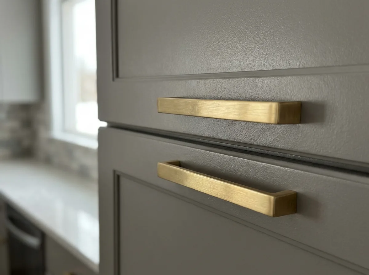 Brushed brass bar pulls on gray shaker kitchen cabinet doors in soft window light
