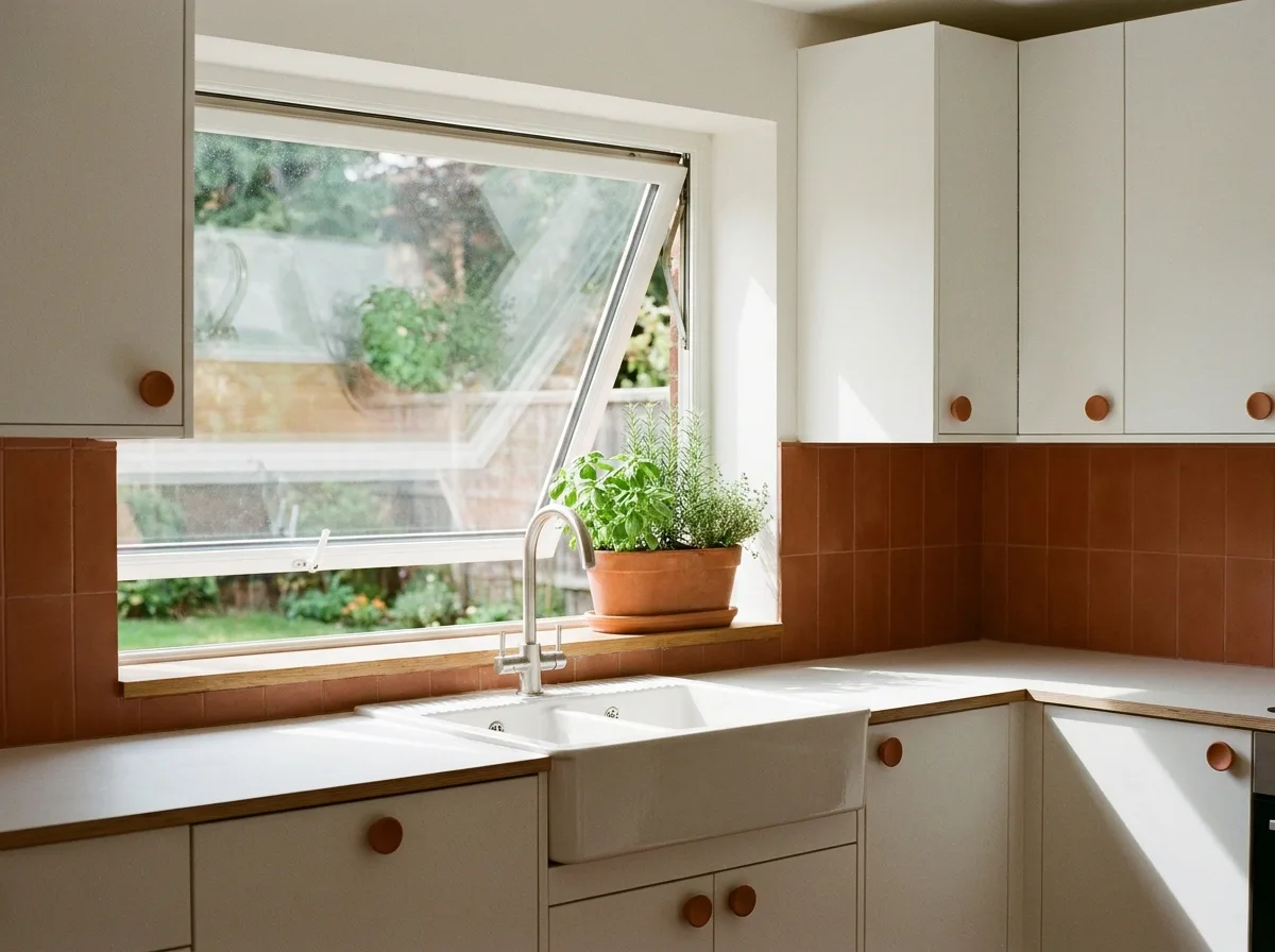Casement window above a kitchen sink with a herb pot on the sill