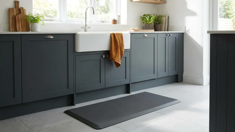 Kitchen Mat Guide: Pick by Floor, Stance and Lifespan 1 Charcoal kitchen mat on a tile floor in front of a bright kitchen sink