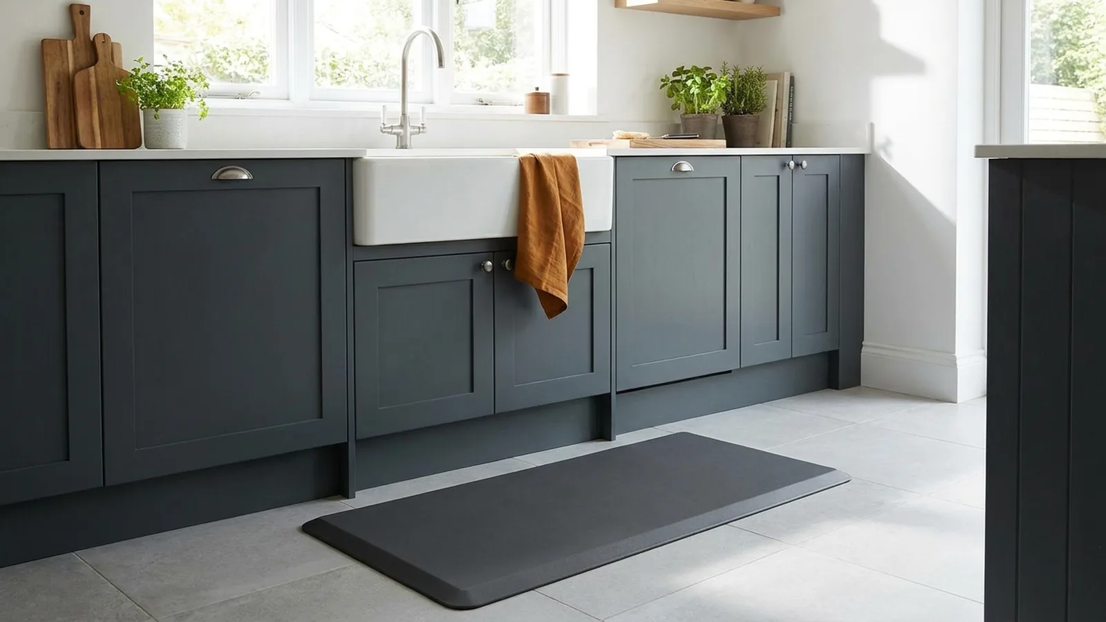 Charcoal kitchen mat on a tile floor in front of a bright kitchen sink