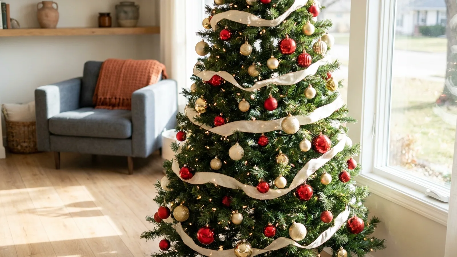 Christmas tree decorations in red, gold and cream on a full tree beside a bright window