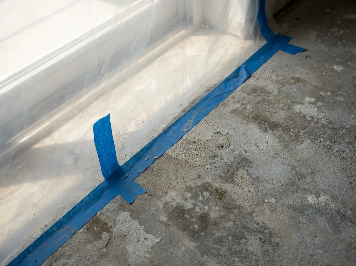 Clear plastic sheet taped to a bare concrete slab for a moisture test