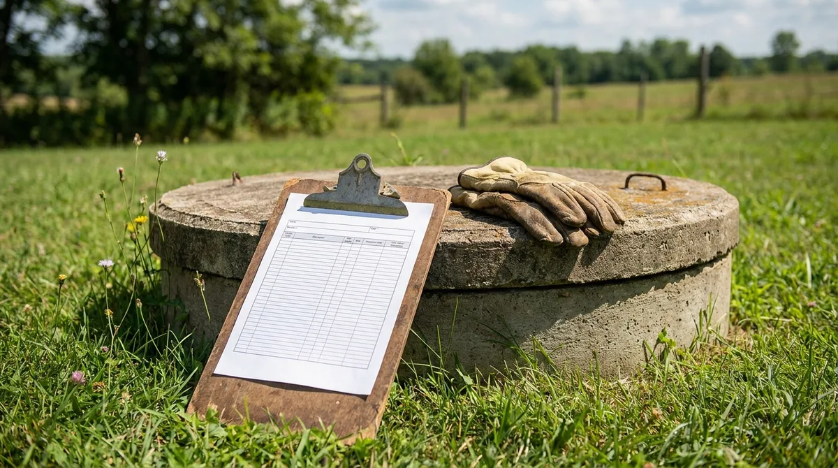 Clipboard and work gloves resting on a concrete septic tank lid after service