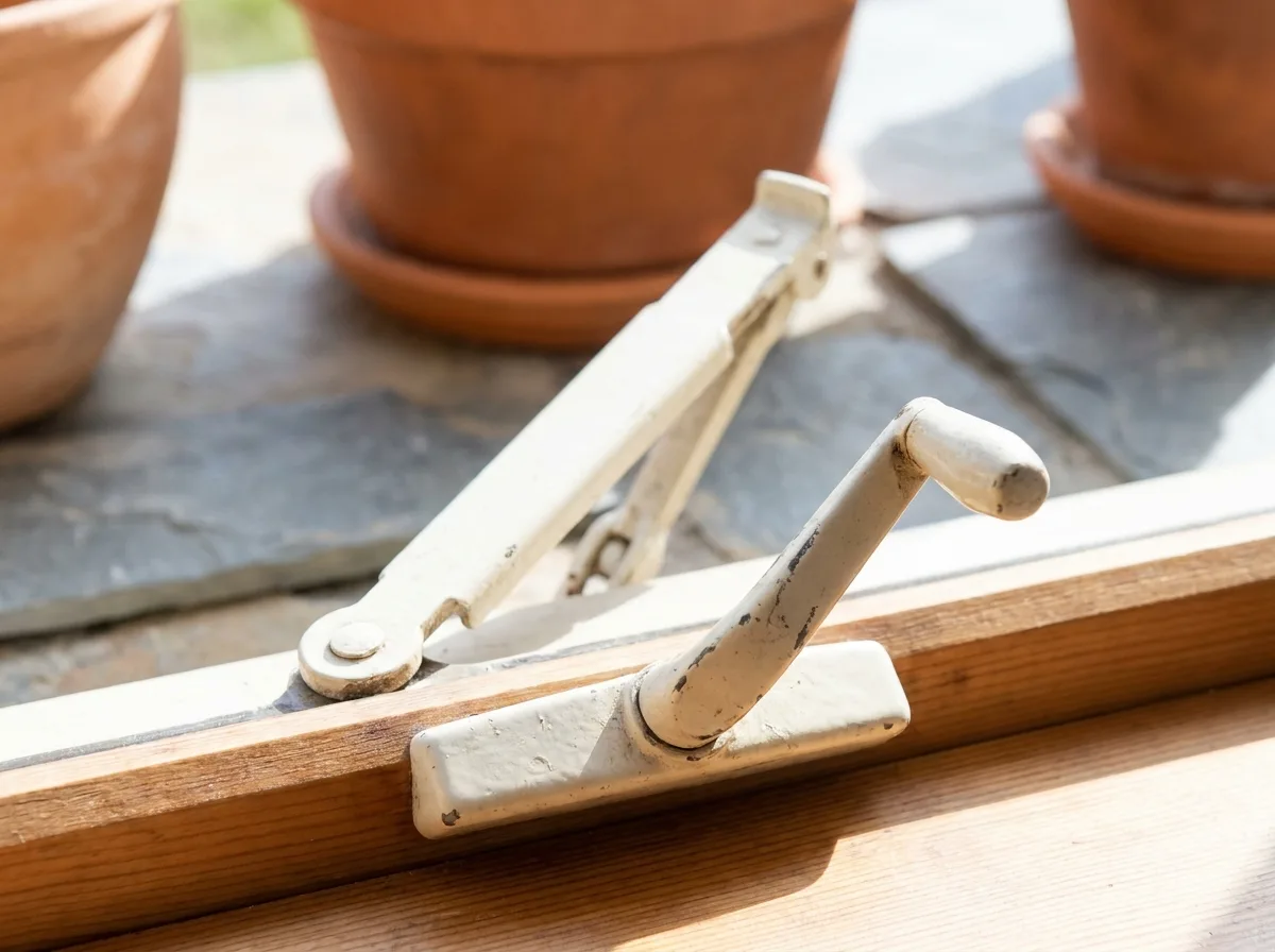 Close-up of a casement window crank and hinge arm on a sunny sill
