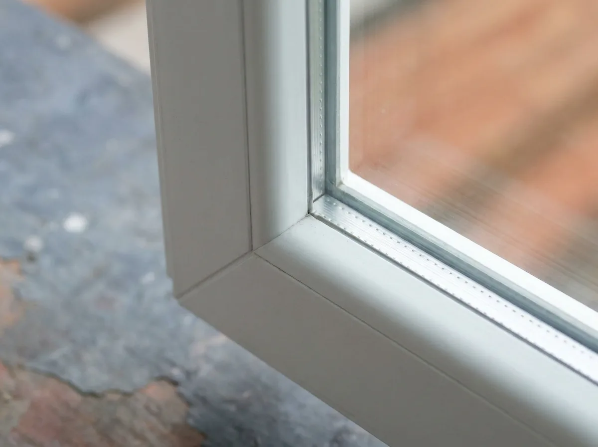 Close-up of a welded white vinyl window frame corner with double pane glass