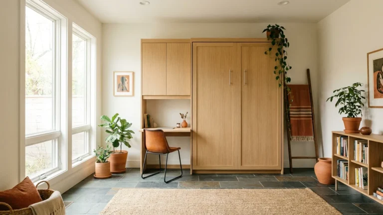 Closed murphy bed cabinet with a built-in desk in a bright spare home office