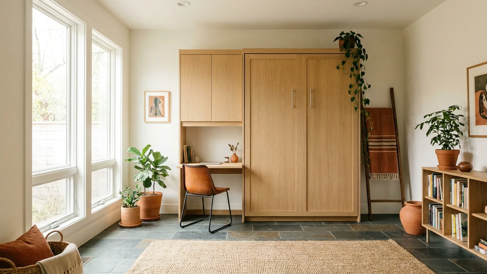 Closed murphy bed cabinet with a built-in desk in a bright spare home office