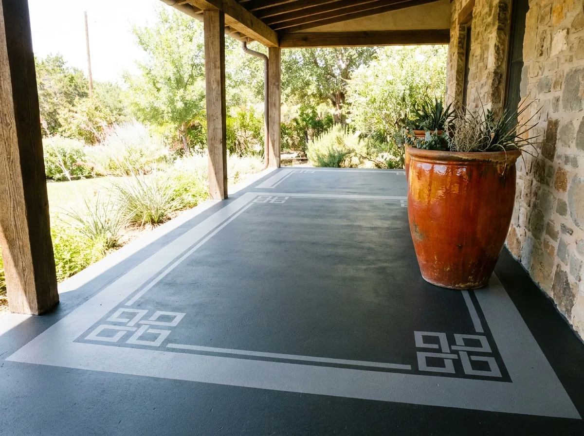Concrete porch floor painted charcoal with a two-tone border and stencil pattern