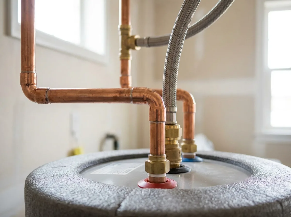 Copper pipes and flexible connectors fitted to the top of a new water heater