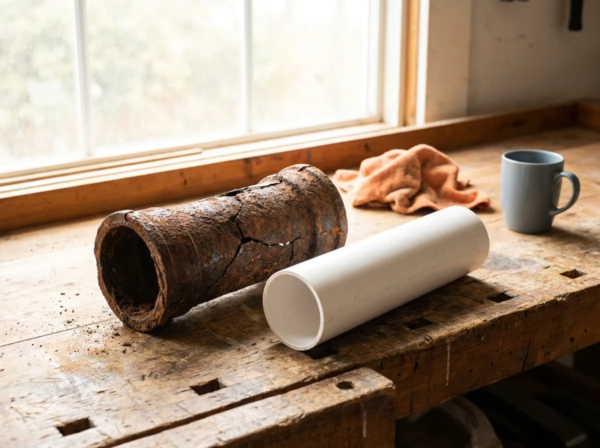 Cracked cast iron pipe section beside a new PVC pipe section on a workbench