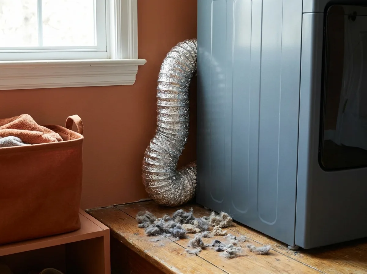 Crushed flexible foil dryer hose behind a machine with lint on the floor