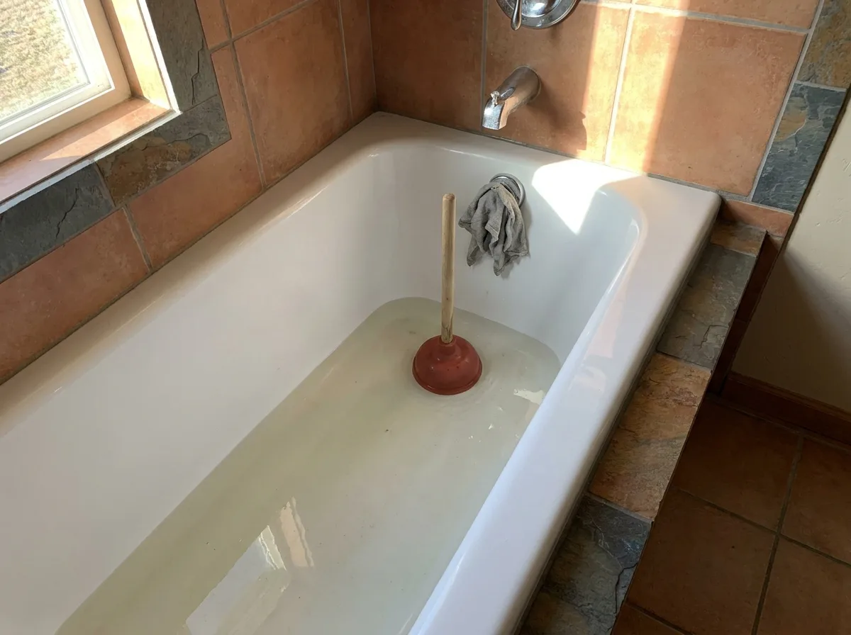 Cup plunger seated in a bathtub with standing water and a rag stuffed in the overflow