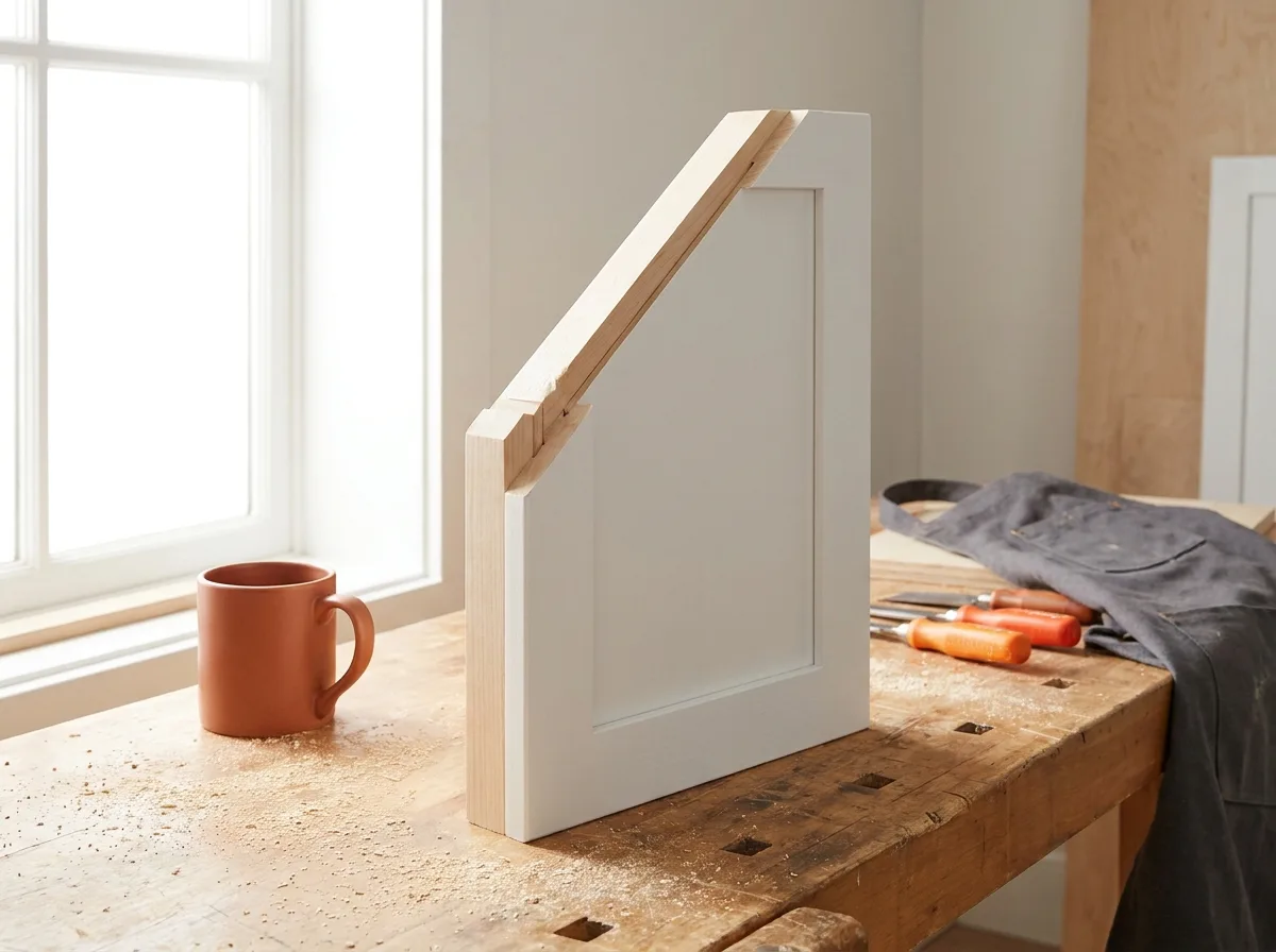 Cutaway of a white shaker cabinet door showing the square frame and flat recessed panel