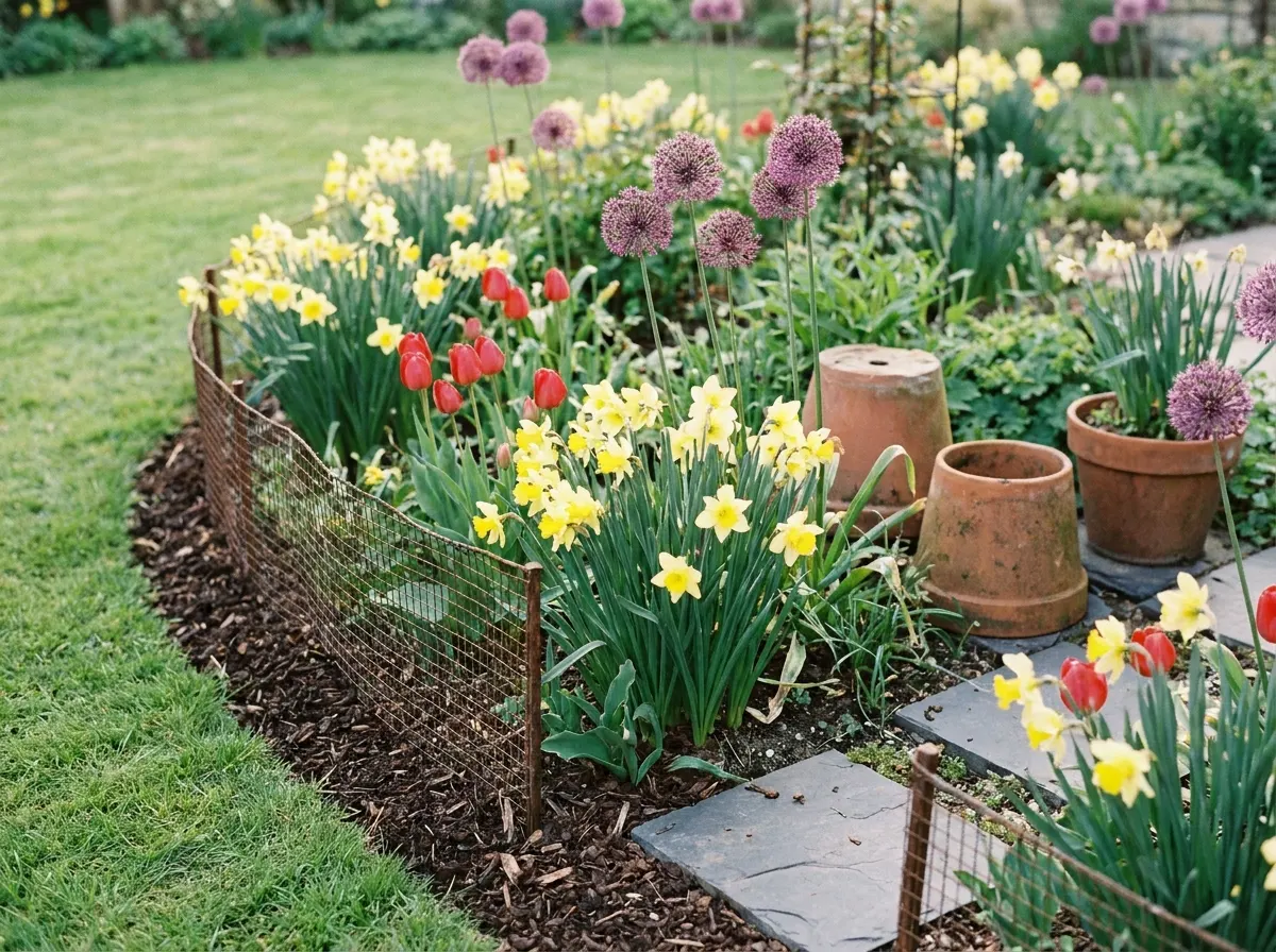 Daffodils planted around tulips and allium in a garden border protected by wire mesh