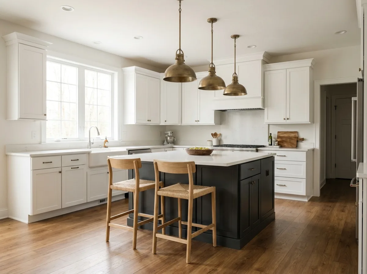 Dark charcoal island with white perimeter cabinets and brass pendant lights in a two-tone kitchen