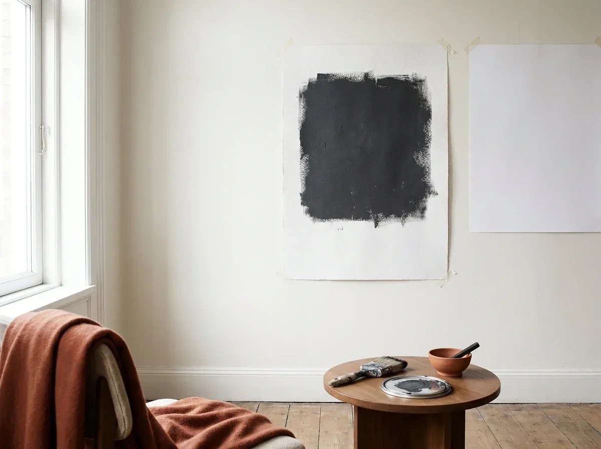 Sherwin Williams Iron Ore: Where It Works and Where It Fails 2 Dark charcoal paint sample on a white card beside plain white paper on a wall