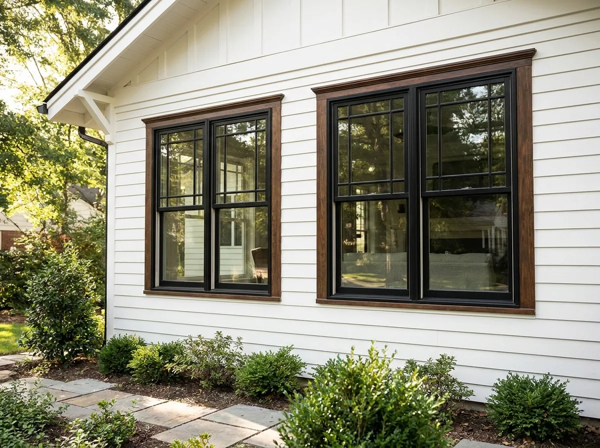 Dark framed double hung windows with grids on white lap siding of a craftsman home