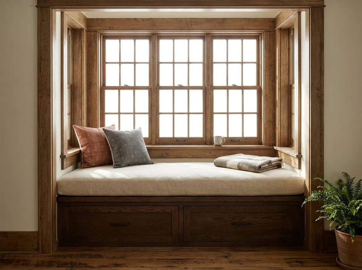 Deep window sill seat with a cushion and stained wood trim